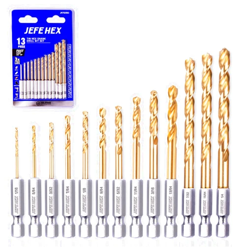 JEFE HEX 13-Piece Drill Bits Set, Hex Shank Drill Bit Set for Quick Change, Titanium HSS Twist Drill Bits, 135 Degree Easy Cut Split Point