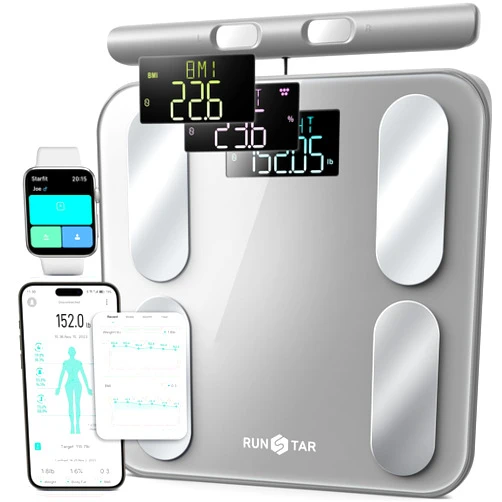 Runstar Digital Bathroom Scale for Body Weight, Body Fat, BMI 28 Measurements, Innovative 8-Electrode Smart Scales FSA or HSA Eligible with Voice Prompt Function High Accurate Bluetooth Weight Machine