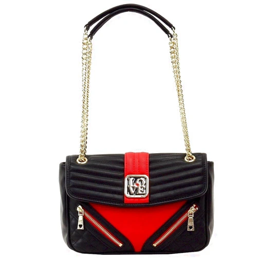 Love Moschino Quilted & Zipper Black/Red Double Chain Handle Satchel Handbag