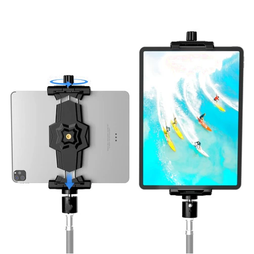 KDD iPad and Phone Tripod Mount Adapter with Ball Head, iPad Holder for Tripod, 360 Rotatable Tablet Clamp Mount fits iPad Pro 12.9, iPad Air Mini 3 4, Galaxy Tab, Surface Pro, Selfie Stick(5.3-10.6
