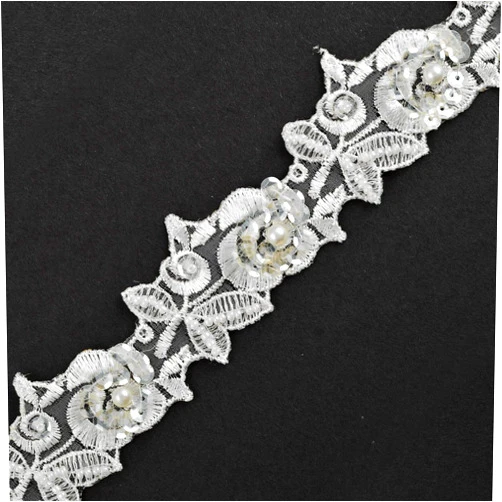 Joyce Trimming Lace Trim Beaded Sequin Flower Ribbon Lace Trim, 1-1/4 Inch by 1 Yard, White, TR-11423B