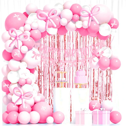 DGWYZCGY Pink Bow Birthday Party Decorations, 92Pcs Girls Birthday's Decor with White Light Pink Balloons Happy Birthday Banner Balloon Bow Fringe Curtains for Themed Coquette Party Supply
