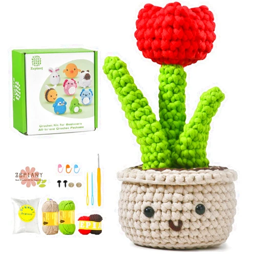 Zepiany Crochet Kit for Beginners with Step-by-Step Video Tutorials, Tulip Pot Plant Beginners Starter Crochet Kit for Adults Kids with Pre-Started Piece, Learn to Crochet Plant Kit