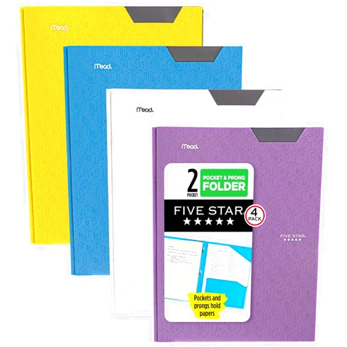 Five Star 2 Pocket Folders, 4 Pack, Plastic Folders with Stay-Put Tabs and Prong Fasteners, Holds 8-1/2” x 11