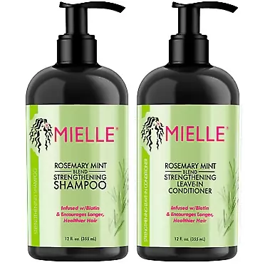 Mielle Organics Rosemary Mint Strengthening Shampoo and Leave-In Conditioner Infused with Biotin, Cleanses and Helps Strengthen Weak and Brittle Hair, 12 Ounces