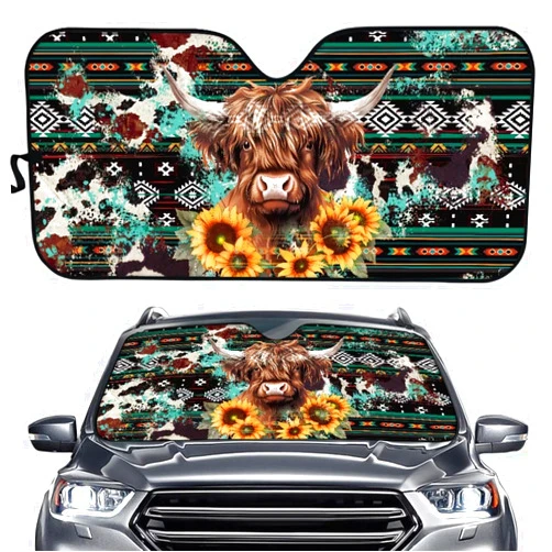 HUISEFOR Aztec Sunflower Highland Cattle Car Sun Shade Portable Car Windshield Cover Sun Shade UV Reflector Auto Front Window Sunshade Visor Shield Cover for Cars Vans SUVs Trucks