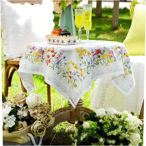 ARTABLE Square Spring Summer Tablecloth Printed Flower Vintage Floral Table Cloth for Easter Picnic Outdoor Home Holiday Long Dining Kitchen (Yellow and Pink Flowers, 33 x 33 Inch)
