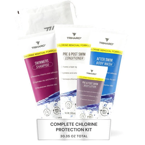 TRIHARD Chlorine Defense Gift Set for Hair & Skin Swim Protection | Pre & Post Swim Shampoo, Conditioner, Body Wash, & Lotion | Summer Essentials to Cleanse & Hydrate Sensitive Skin After Pool & Ocean