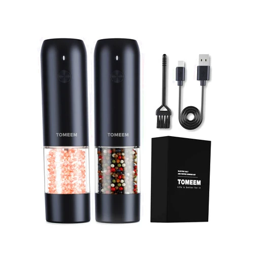 TOMEEM Upgraded Larger Capacity: Electric Salt and Pepper Grinder Set Rechargeable with LED lights - Stainless Steel Automatic Pepper and Salt Grinder Refillable with 6 Adjustable Coarseness