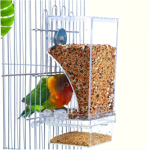 Hamiledyi No Mess Bird Cage Feeder Automatic Parrot Seed Feeders with Perch Acrylic Transparent Seed Food Container Cage Accessories for Small and Medium Parakeets Lovebirds