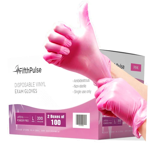 FifthPulse White and Pink Vinyl Disposable Gloves 200 Pack - Powder and Latex Free Medical Exam Gloves