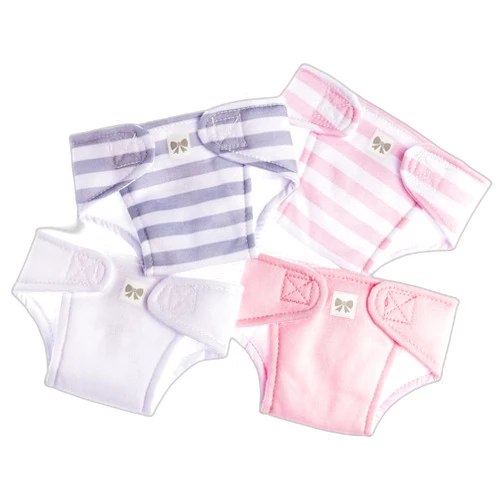 JC Toys Baby Doll 4 Pack Fabric Diapers | Washable, Reusable, Adjustable Eco Diapers | Fits Dolls 14 to 18 inch in Pink/White/Grey