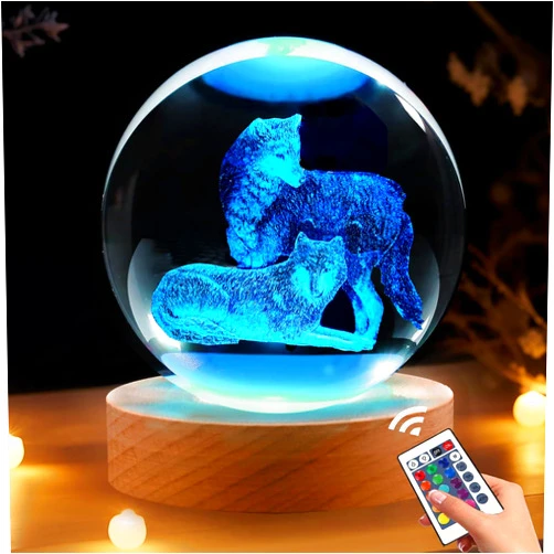 Shellvcase Wolf Gifts, 3.15in 3D Wolf Figurine Crystal Ball Lamp with Remote Control, Wolves Light, Wolf Decor for Bedroom, Wolf Stuff Birthday Christmas for Kids Mens Boys Women