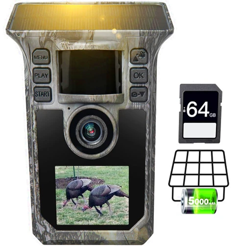 Hrivcam Trail Camera 4K 64MP Solar Game Camera with 5000mAh Forever Power, 64GB Memory Card and Ip67 Waterproof Angle Night Vision for Wildlife Deer Outdoor Trail Cam, Monitoring Trail Cameras
