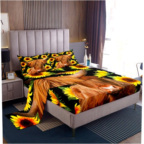 Feelyou Sunflowers Bed Sheet Set Floral Print Bedding Set Highland Cow Fitted Sheet Brown Highland Cattle Flat Sheet for Kids Boys Girls 4Pcs with 2 Pillow Case Queen Size