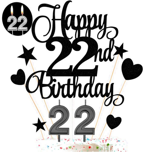 HOGRTi 22nd Birthday Cake Decorations Set Include 22nd Birthday Candles Numeral 22 Cake Candles and Happy 22nd Birthday Cake Toppers with Heart Star Cupcake Picks for Birthday Party (Black Series)