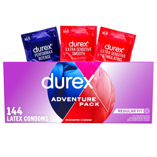 Durex Condoms Adventure Pack | Mix of Smooth & Ribbed Condoms Bulk | Variety Pack | Regular Fit Latex (Includes Durex Extra Sensitive Smooth, Stimulating, & Performax Intense), 144 ct