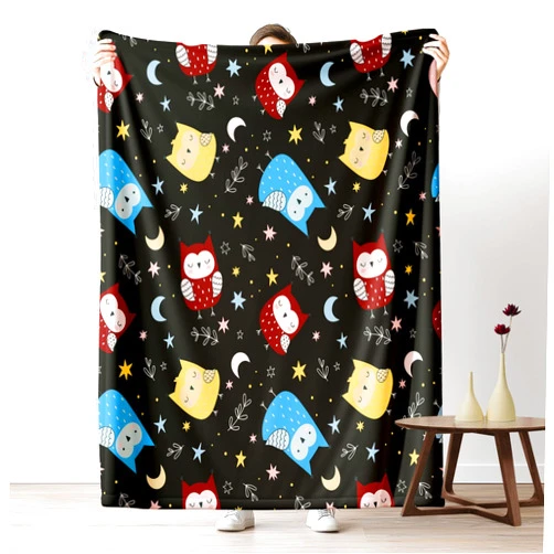 Rufxnn Kawaii Owl Blanket 40x50 Inch Warm Soft Lightweight, Cartoon Animal Throw Blanket for Sofa, Home Decor Flannel Blanket, Star Moon Bird Fleece Blanket, Washable Cozy All Season