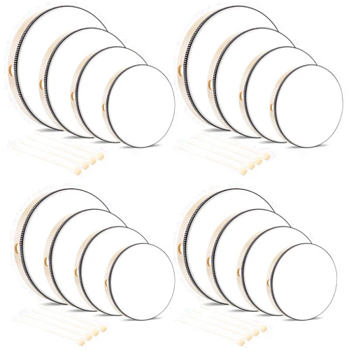 Lukmaa 16 Pcs Hand Drum with 16 Pcs Drum Stick 6 Inch 8 Inch 10 Inch 12 Inch Wooden Frame Drum Adults Kids Drums Musical Educational Percussion Instruments for Home Party School, White