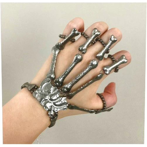 Cathercing Halloween Wristband Skull Fingers Metal Skeleton Hand Bracelet with Ring for Women and Men on Party(black)