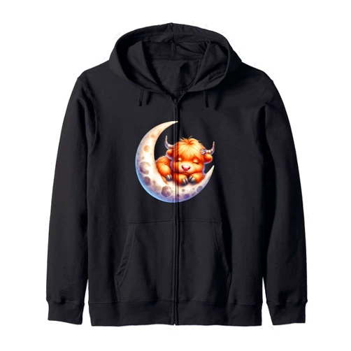 Cute Baby Highland Cow Sleeping on the Moon Heifer Farm Zip Hoodie