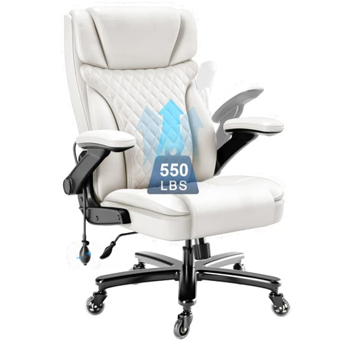 Raynesys Big and Tall Office Chair 550lbs, Ergonomic Office Chair with Adjustable Lumbar Support, High Back Computer Chair with Heavy Duty Flip-up Armrests & Metal Base, Bonded Leather, White