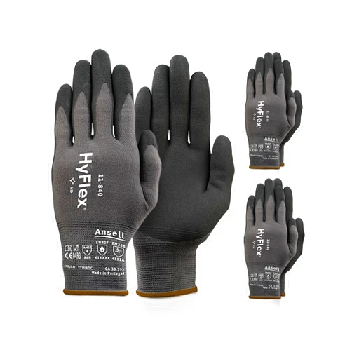 HyFlex Ansell HyFlex 11-840 Ergonomic Abrasion-Resistant Nylon Spandex Nitrile Coated Industrial Gloves for Automotive, Fabrication - Large (9) Grey (3 Pairs)