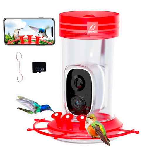 Birdkiss Smart Hummingbird Feeder with Camera (32 oz), Ant and Bee Proof Hummingbird Feeders for Outdoors Hanging, Video HD Capture Bird Watching Bird Feeder, Ideal Gifts for Family and Friend (Red)
