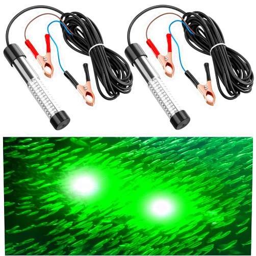 Geelin 2 Pcs 12V 10W Green Underwater Fishing Light Submersible Lure Bait Light LED Fishing Attracting Light Night Green Glow Fishing Finder Lamp for Pool Boat Sea Ice Fishing Crappie Squid Shad Shrimp