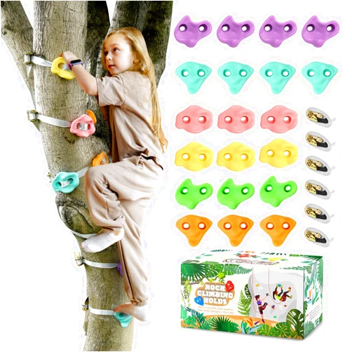 TOPNEW 20 Ninja Tree Climbing Holds for Kids Climber, Adult Climbing Rocks with 6 Ratchet Straps for Outdoor Ninja Warrior Obstacle Course Training, Soft Color