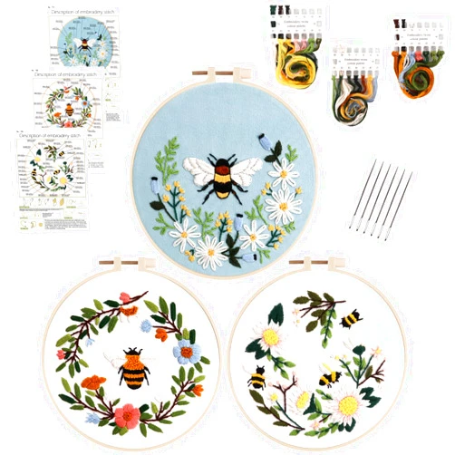 Lukinbox Embroidery Starter Kit for Beginners, 3 Sets Cross Stitch Kits for Adults, Include Embroidery Clothes with Cute Bees and Flowers Patterns, 1 Embroidery Hoop, Threads, Needles and Instruction