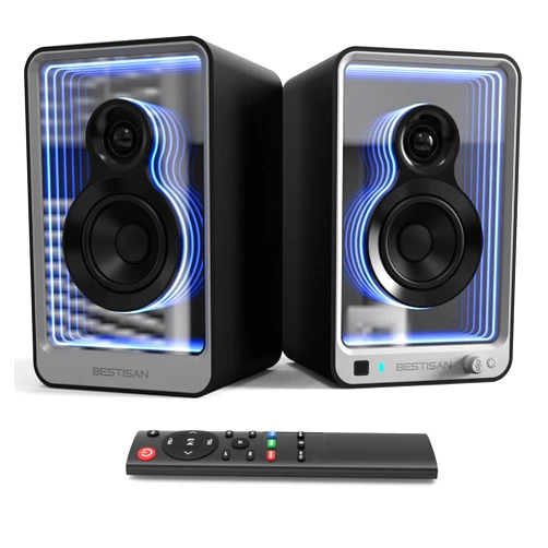 BESTISAN SR15 Bluetooth Bookshelf Speakers, Active Stereo Speakers for TV/Record Player with Subwoofer Out and Light Effects, Turntable Speakers with Optical/ARC/RCA Inputs for PC and TVs