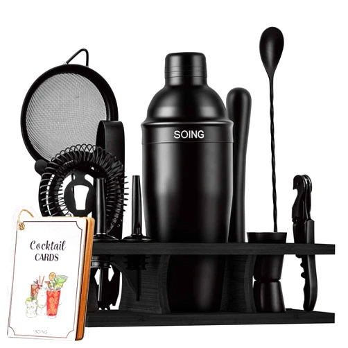 SOING 11-Piece Mixology Bartender Kit with Stand,Bar Kit Cocktail Shaker Set with All Essential Accessories:Martini Shaker,Spoon,Muddler,Strainer,Jigger,Tongs,Liquor Pourers
