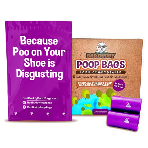 BAD BUDDY Compostable Dog Poop Bags, 120 Bags, 100% Compostable Earth Friendly, Extra Thick, Leak Proof, Lavender Scented Dog Waste Bag, Because Poo on your Shoe
