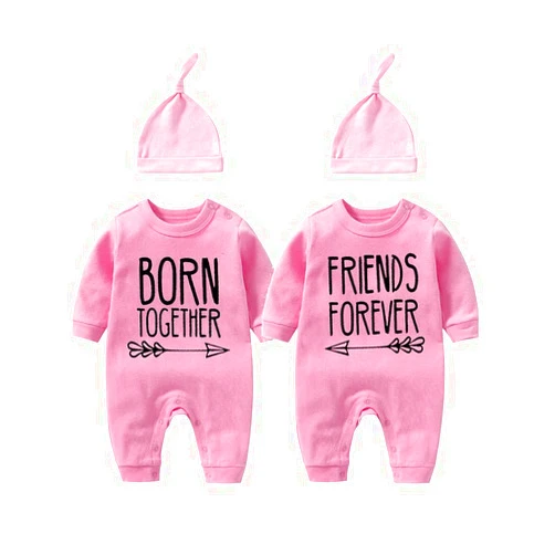 YSCULBUTOL Baby Twins Bodysuit with hat Born Together Friend Forever Baby boy Clothes Toddler Girl Clothes
