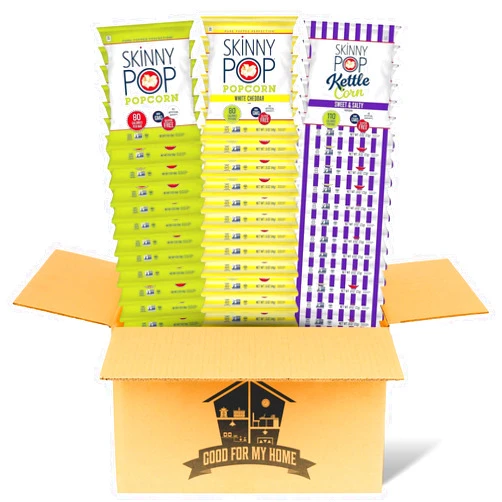 GOOD FOR MY HOME Popcorn Variety Pack. Includes Thirty-six 0.8 Oz per Pack of Skinny Pop Popcorn Snack Packs. 12 each White Cheddar, Sweet & Salty Kettle, and Original Gluten Free Popcorn Snack. Comes with a GFMH Box