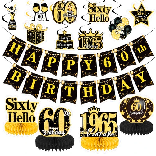 Yoyuspy 60th Birthday Decorations for Men Woman, Black Gold 1965 60 Years Old Birthday Party Decor, Vintage Happy 60th Banners Hanging Swirls and Honeycomb Centerpieces Table Decor