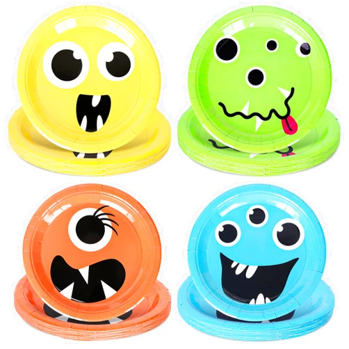 JarThenaAMCS 40Pcs 9 Inch Monster Paper Plates 4 Design Funny Monster Disposable Plates Colorful Party Supplies for Halloween Birthday Baby Shower Tableware Decorations