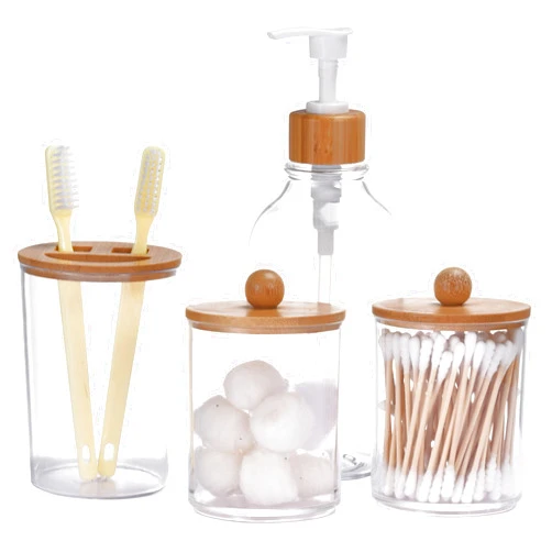 Bamodi 4pcs Bathroom Accessory Set - Soap Dispenser Accessories for Restroom Counter, Vanity Sink - Aesthetic Bathroom Soap Holder with Wooden Lid - Suitable for Hand Soap, Qtip