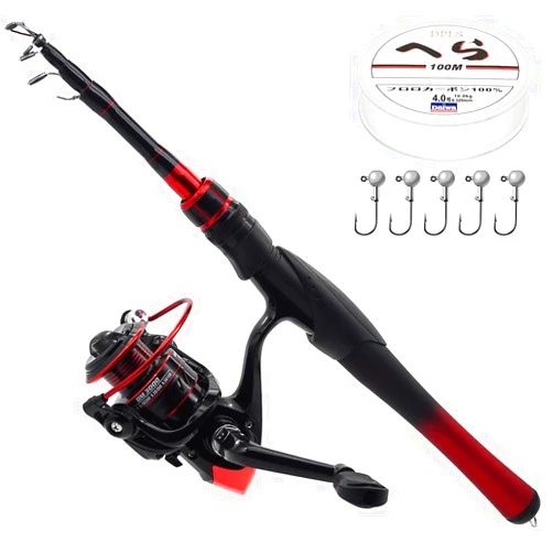 Kilitn Fishing Rod and Reel Combo, Spinning Reel 5 Foot Durable Fiberglass Telescopic Rod with Fishing Line Full Kits Comfortable Handle