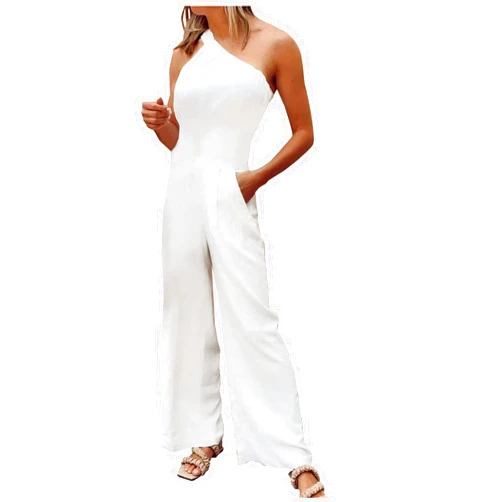 JOAU Women's 2023 Summer Casual One Shoulder Sleeveless High Waist Loose Wide Leg Jumpsuit Cotton Linen Romper with Pockets