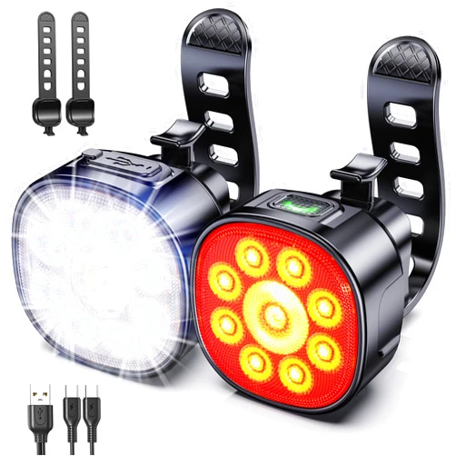 Cuvccn Bike Lights [8+7 Modes], USB Rechargeable Bike Lights Front and Back, Ultra Bright with Spotlight & Floodlight, IP65 Waterproof Bicycle Lights for Road Mountain Day/Night Cycling Safety