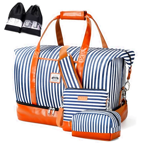 Lekebobor Overnight Bag for Women Weekender Bag with Crossbody Bag Shoes Bags Shoes Compartment Toiletry Bag,Travel Duffle Hospital Bag Large Holdall Travel Weekend Bag,50L Blue Striped 50L Blue Stripes with Crossbody Bag