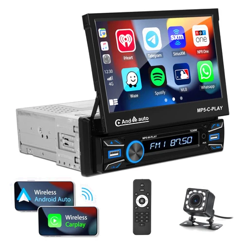 UNITOPSCI Single Din 7 Inch Motorized Flip Out Touchscreen Car Stereo with Wireless Apple CarPlay Android Auto Bluetooth Mirror Link FM Radio USB/AUX in/TF Card Input + Backup Camera Remote Control