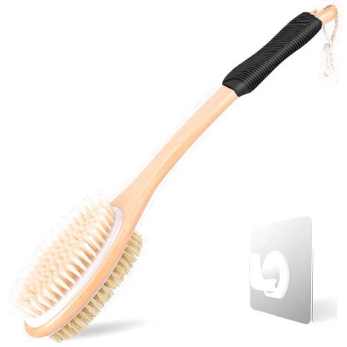 ShowEzily Long Handle Ergonomically Back Scrubber/Brush for Shower, Double Sided Exfoliating Body Scrubber for Women and Men (Black)