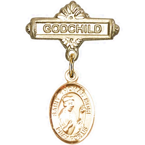 Unknown Gold Filled Baby Badge with St. Thomas More Charm and Godchild Badge Pin 1 X 5/8 inches
