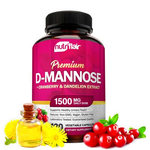 NutriFlair D-Mannose 120 Capsules, 1500mg - with Cranberry and Dandelion Extract - Natural Urinary Tract Health UTI Support - Best D Mannose Powder - Flush Impurities, Detox Body, for Women and Men