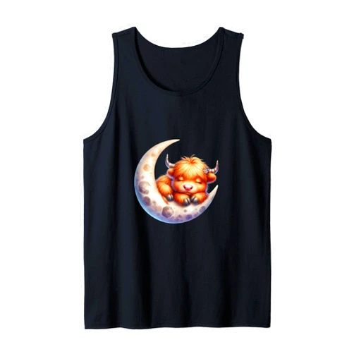 Cute Baby Highland Cow Sleeping on the Moon Heifer Farm Tank Top