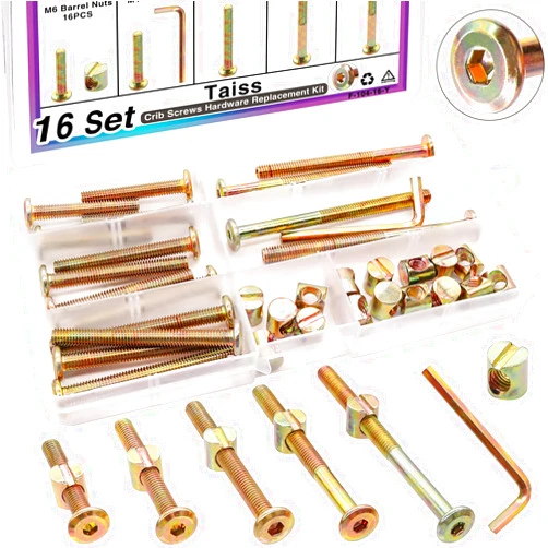 Taiss Crib Screws M6x40mm/ 50mm/60mm/70mm/80mm 16 Set Baby Bed Crib Screws Hardware Replacement Kit,Bed Frame Bolts,Baby Crib Parts Hex Socket Cap Screws and Barrel Nuts/Wrenches for Beds Furniture