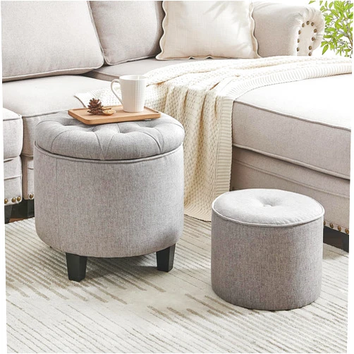 Wamnexti Round Ottoman with Storage, Removable Lid, 16inch Upholstered Button Tufted Round Ottomans with Leg, Set of 2 Multifunctional Foot Rest Stool Extra Seat for Living Room Bedroom Dorm, Gray